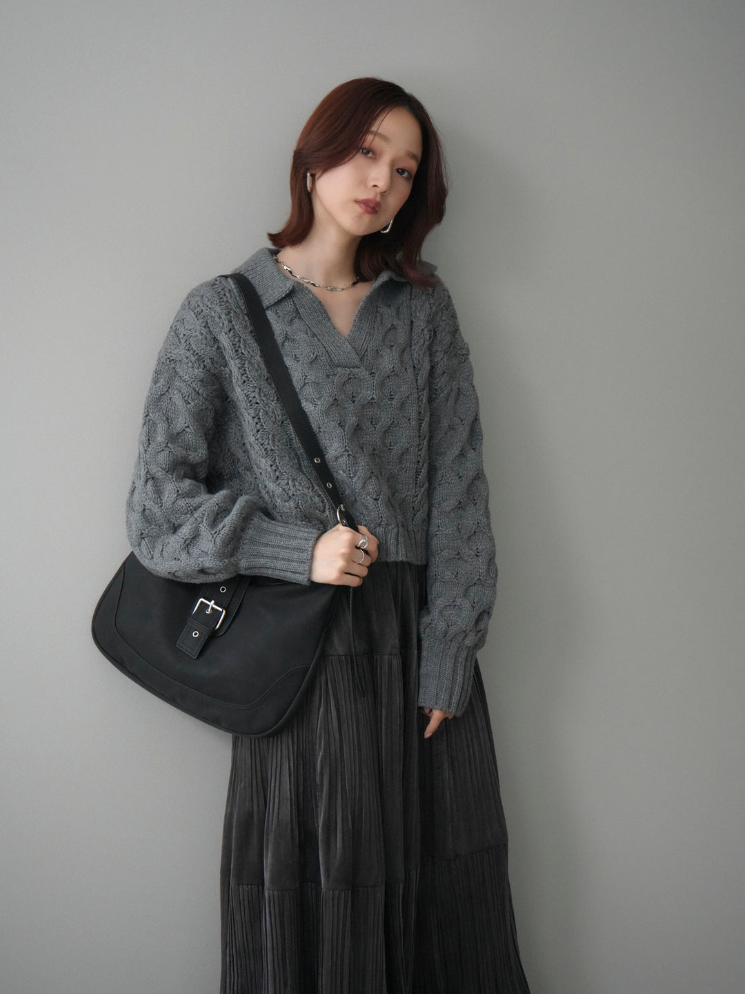 [SET]バルキーケーブルクロップド開襟プルオーバー+ベロアティアードワッシャースカート(2set)