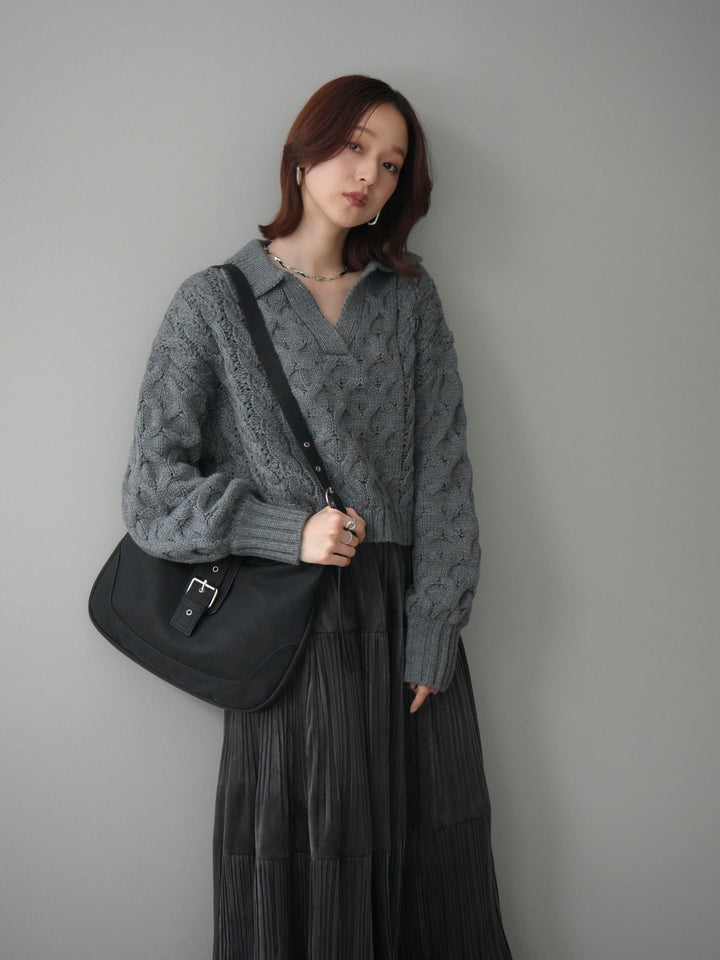 [SET]バルキーケーブルクロップド開襟プルオーバー+ベロアティアードワッシャースカート(2set)