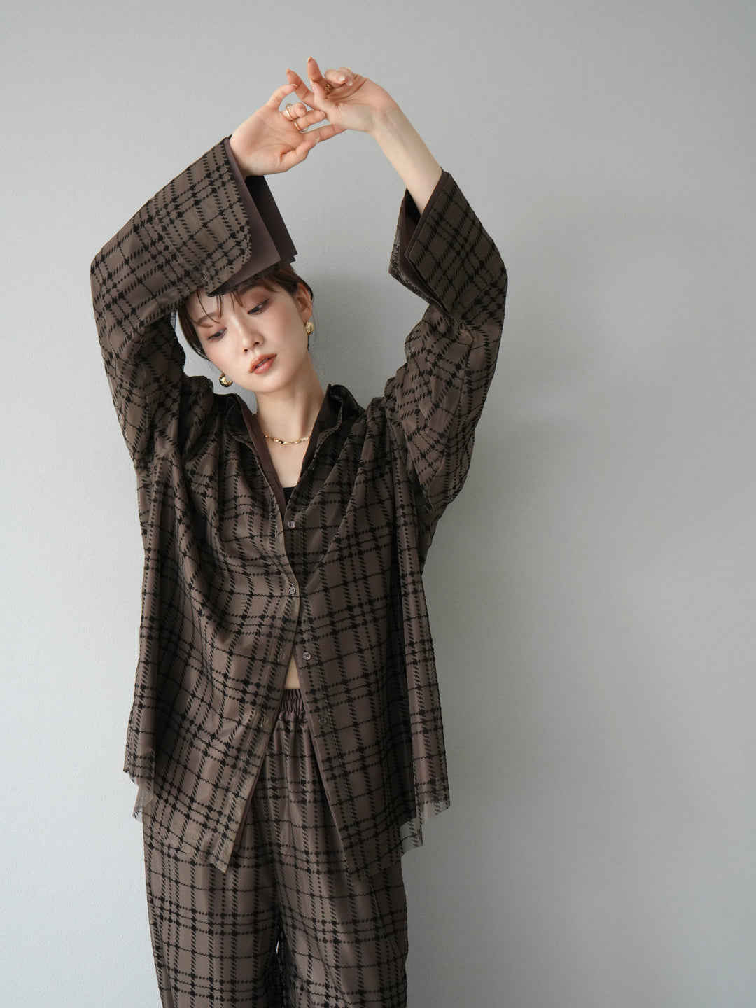 [予約]チェック柄チュールシャツアンサンブル/ブラウン
