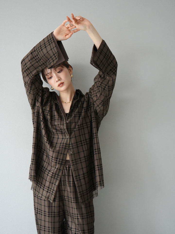 [予約]チェック柄チュールシャツアンサンブル/ブラウン