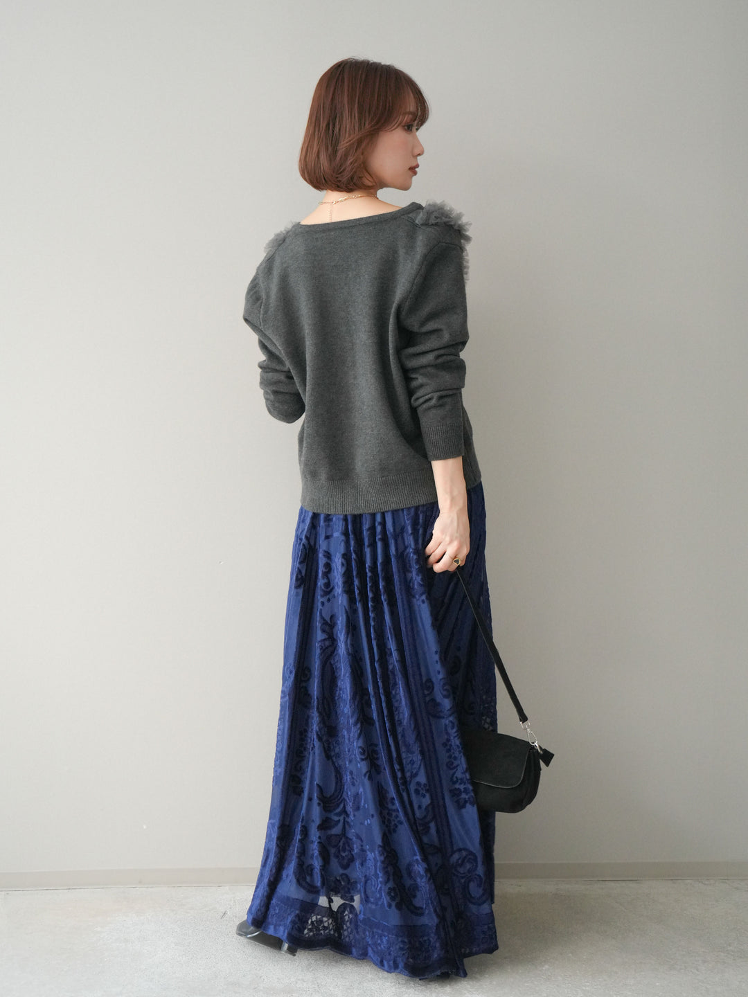 [SET]チュールフリルニットカーディガン+アンティーク柄フロッキーマキシスカート(2set)