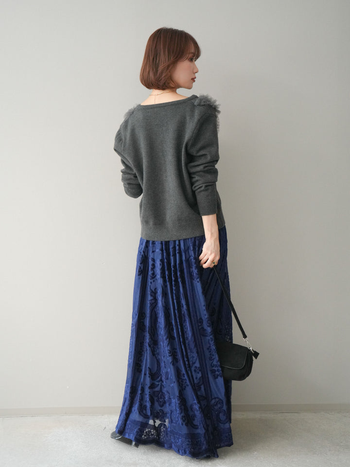[SET]チュールフリルニットカーディガン+アンティーク柄フロッキーマキシスカート(2set)