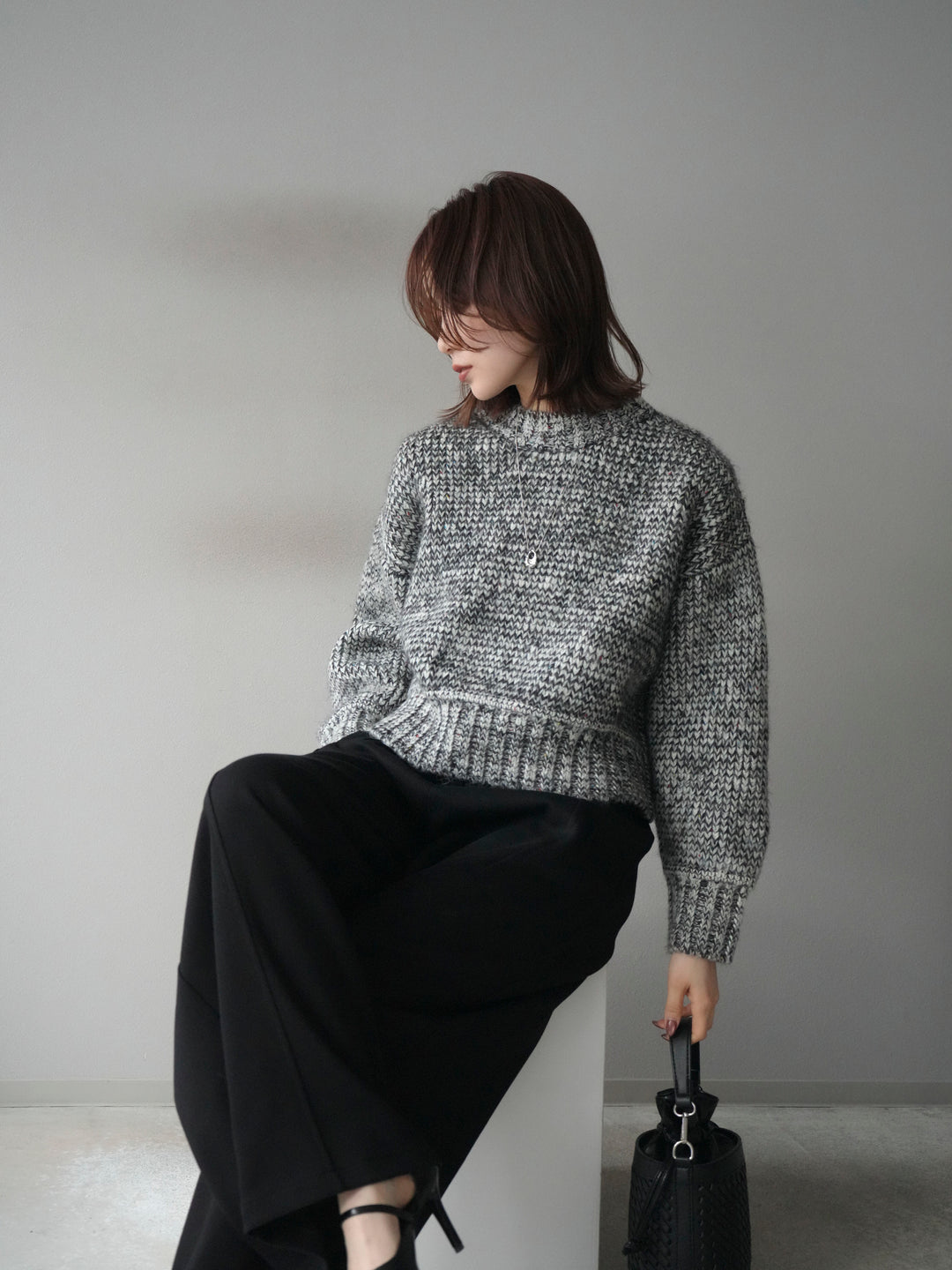 [予約]ボリュームスリーブミックスネップニットプルオーバー/gray