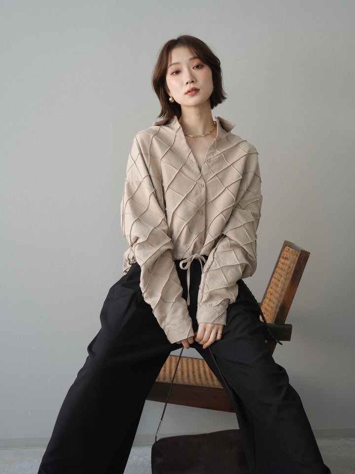 [SET]パイピングクロスデザインブラウス+編み込みベルト付タックワイドパンツ(2set)