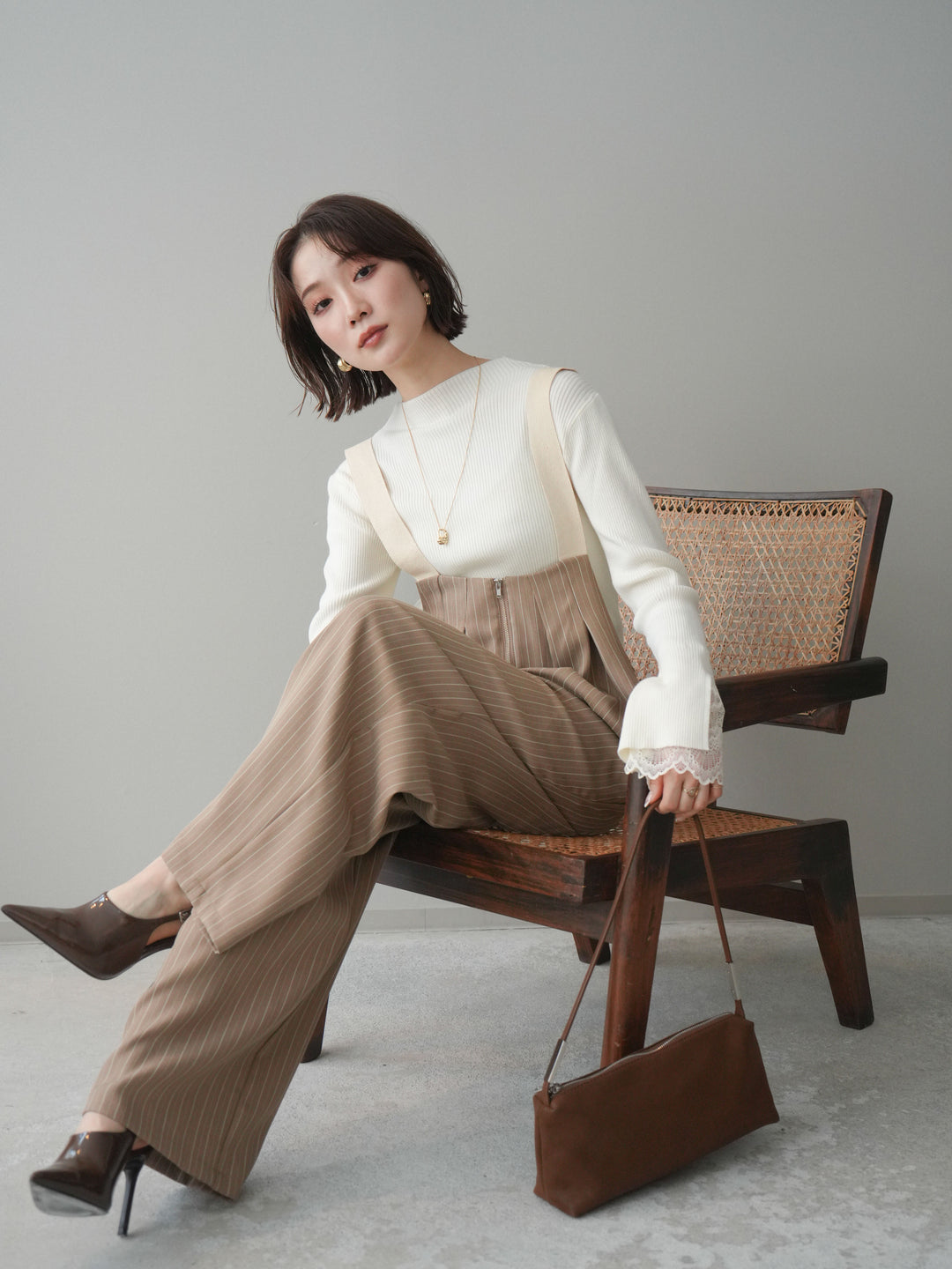 [SET]袖スカラップレースオフネックニットトップス+選べるアクセセット(2set)