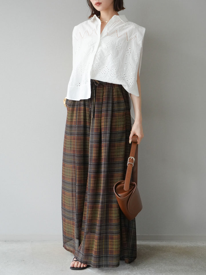 [預購] 透視格紋寬鬆褲/棕色