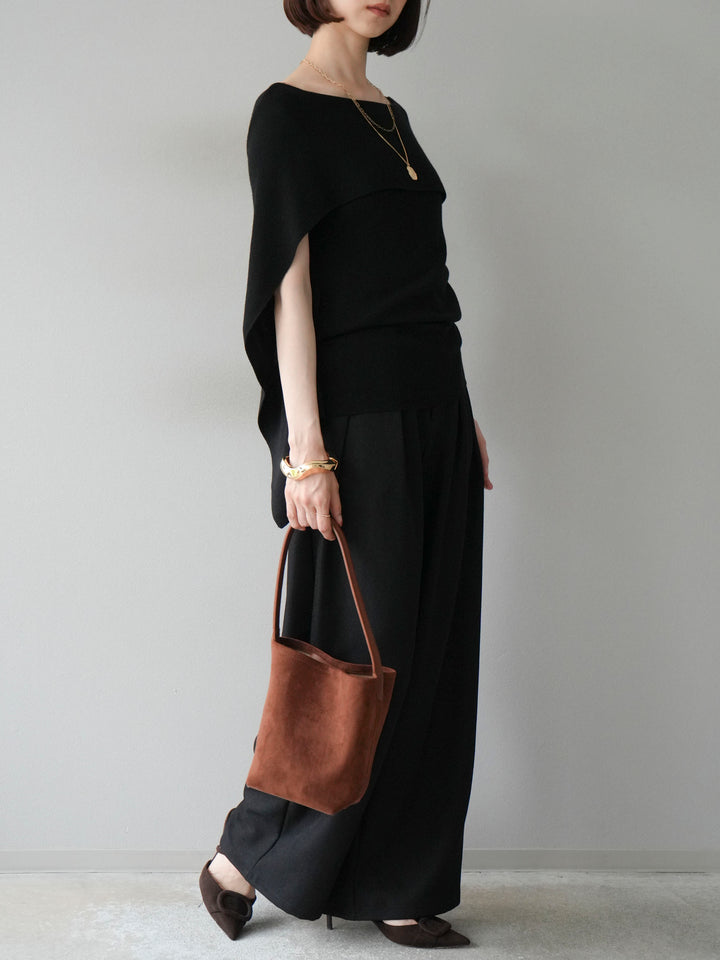 [予約]レザーパイピングタックワイドパンツ/ブラック