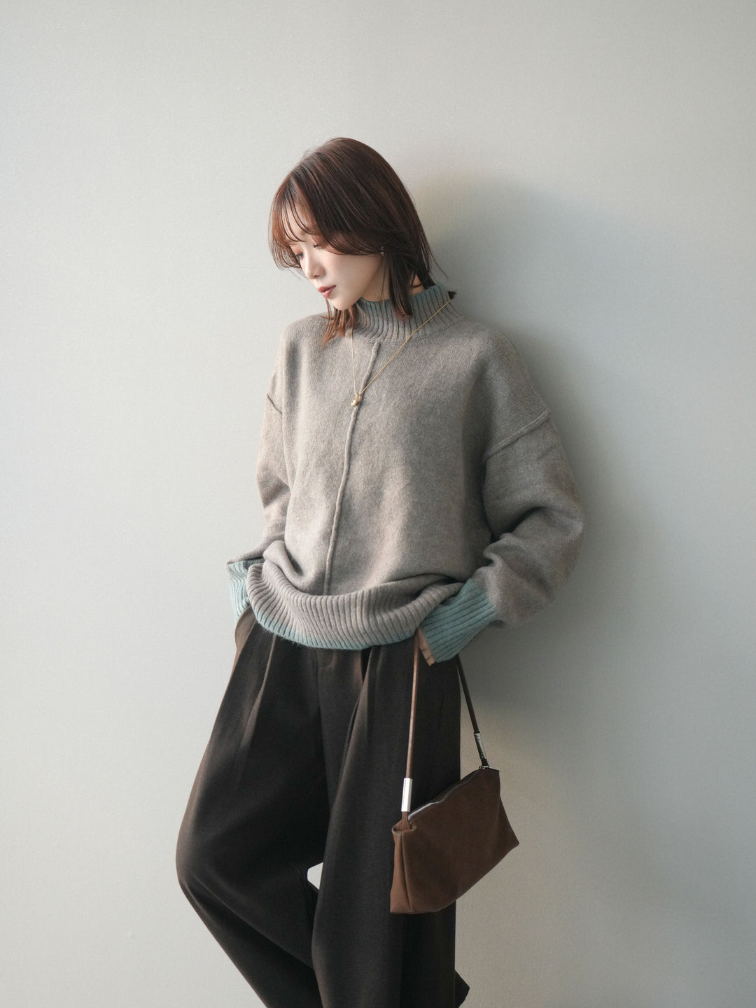 [SET]配色ハイネックニットプルオーバー+選べるアクセセット(2set)