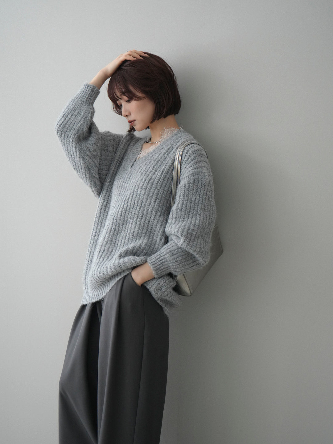 [SET]Vネックレースニットプルオーバー+ベルトループデザインワイドパンツ(2set)