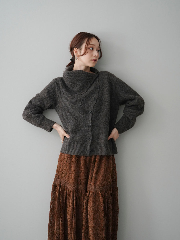 [SET]ハイネックデザインボタンニットカーディガン+起毛レースティアードスカート(2set)