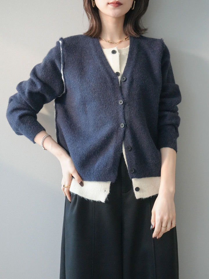 [予約]配色レイヤードニットカーディガン/navy