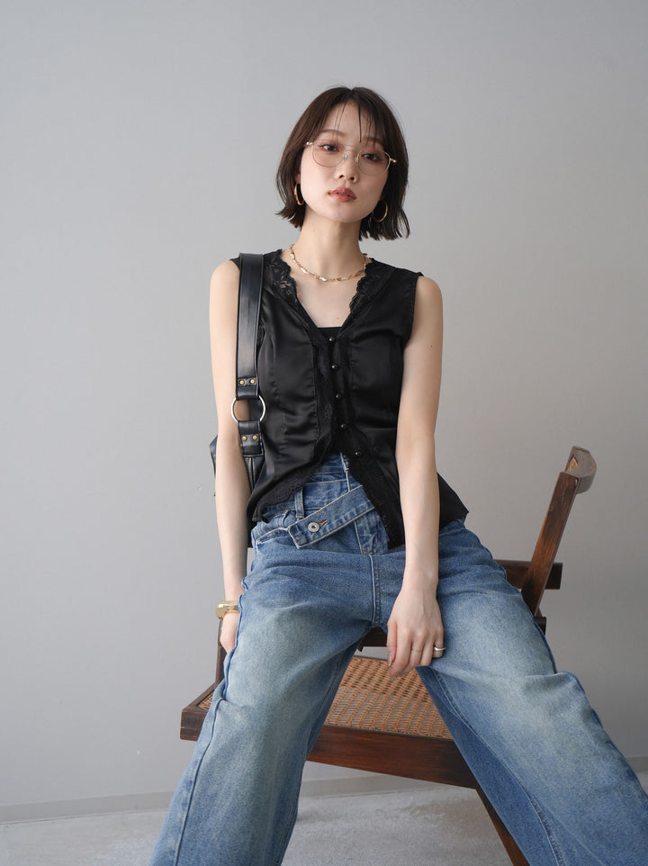 [予約]ノースリサテンレースキャミソール/black