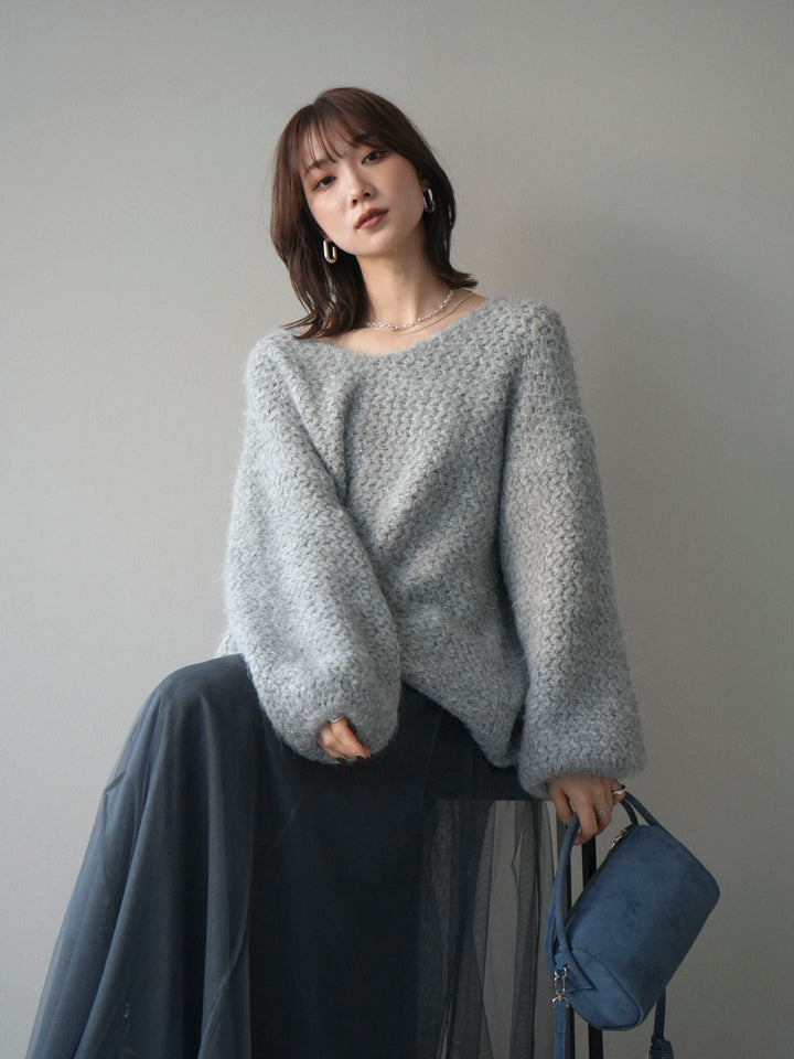 [予約]ウールタッチラメミックスヤーンVネックニットプルオーバー/lightgray