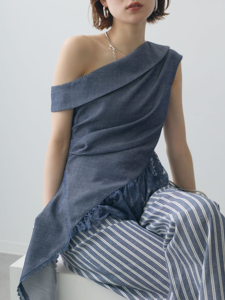 [予約]アシンメトリーラッフルレースヘムトップス/blue