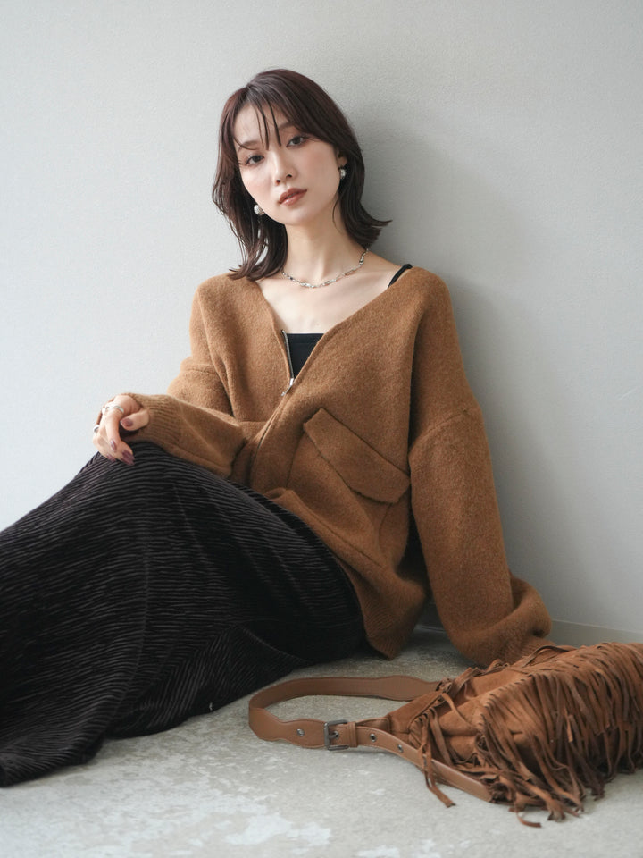 [預訂] 大口袋拉鍊針織開襟衫/駝色