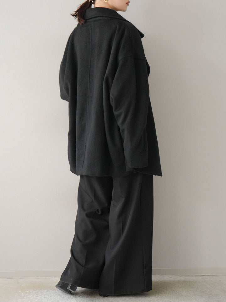 [SET]フェイクビーバーミドルコート+袖ボタンハイネックリブニットトップス+ベルト付ウールタッチワイドパンツL(3set)