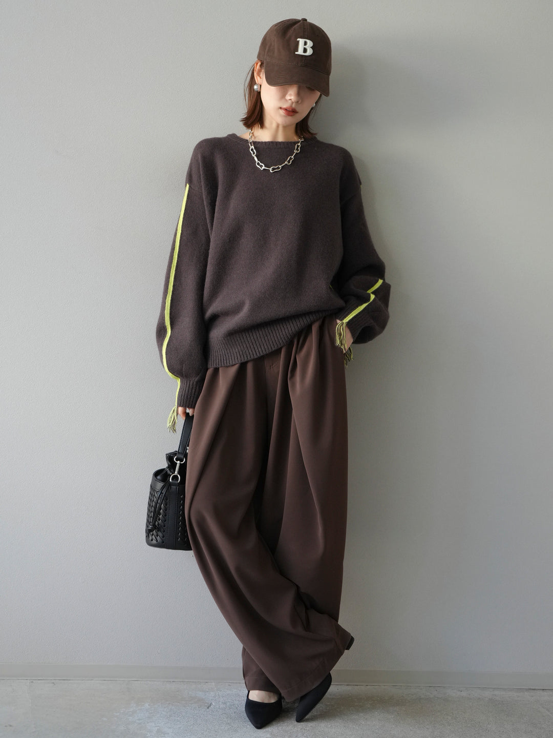 [予約]配色ステッチフリンジニットプルオーバー /ブラウン