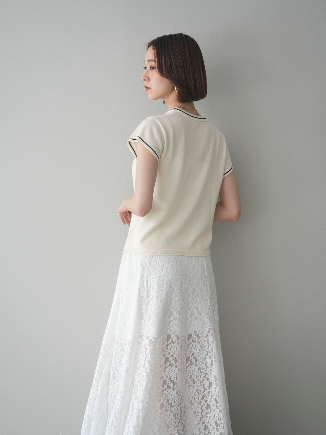 [SET]配色ハーフスリーブニットトップス+選べるアクセセット(2set)