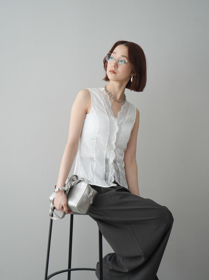 [予約]ノースリサテンレースキャミソール/white