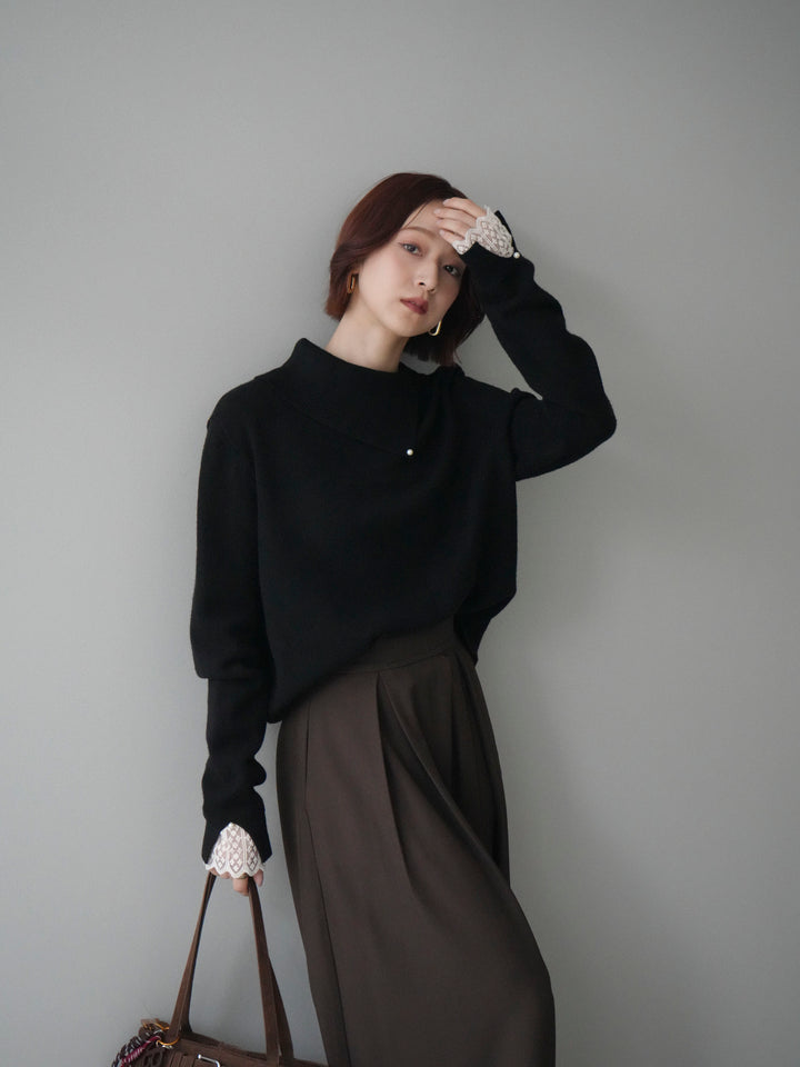 [SET]袖レースパール付き配色ニットトップス+テープベルトタックバギーパンツ(2set)