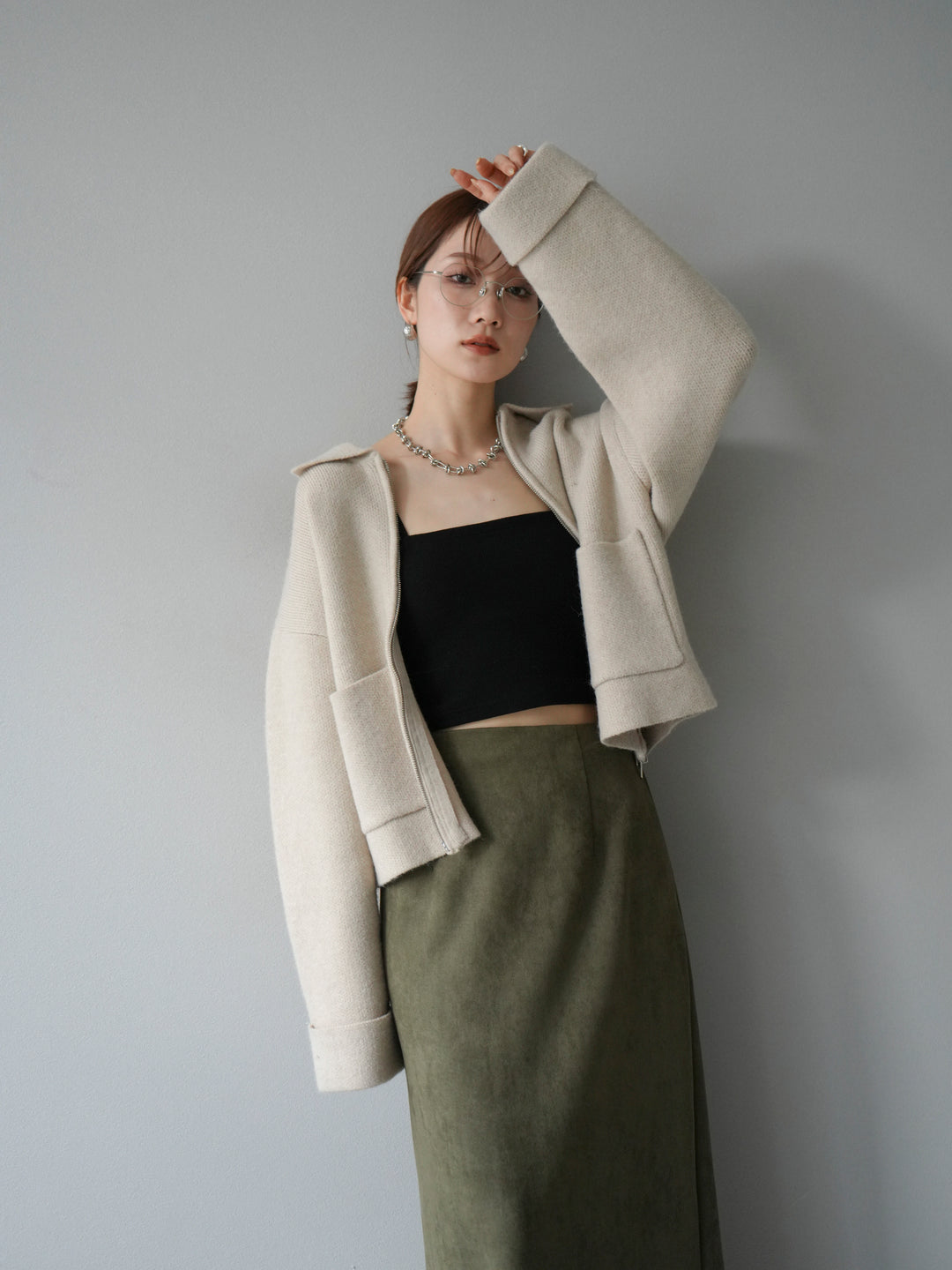 [予約]ポロ襟ジップニットカーディガン/アイボリー