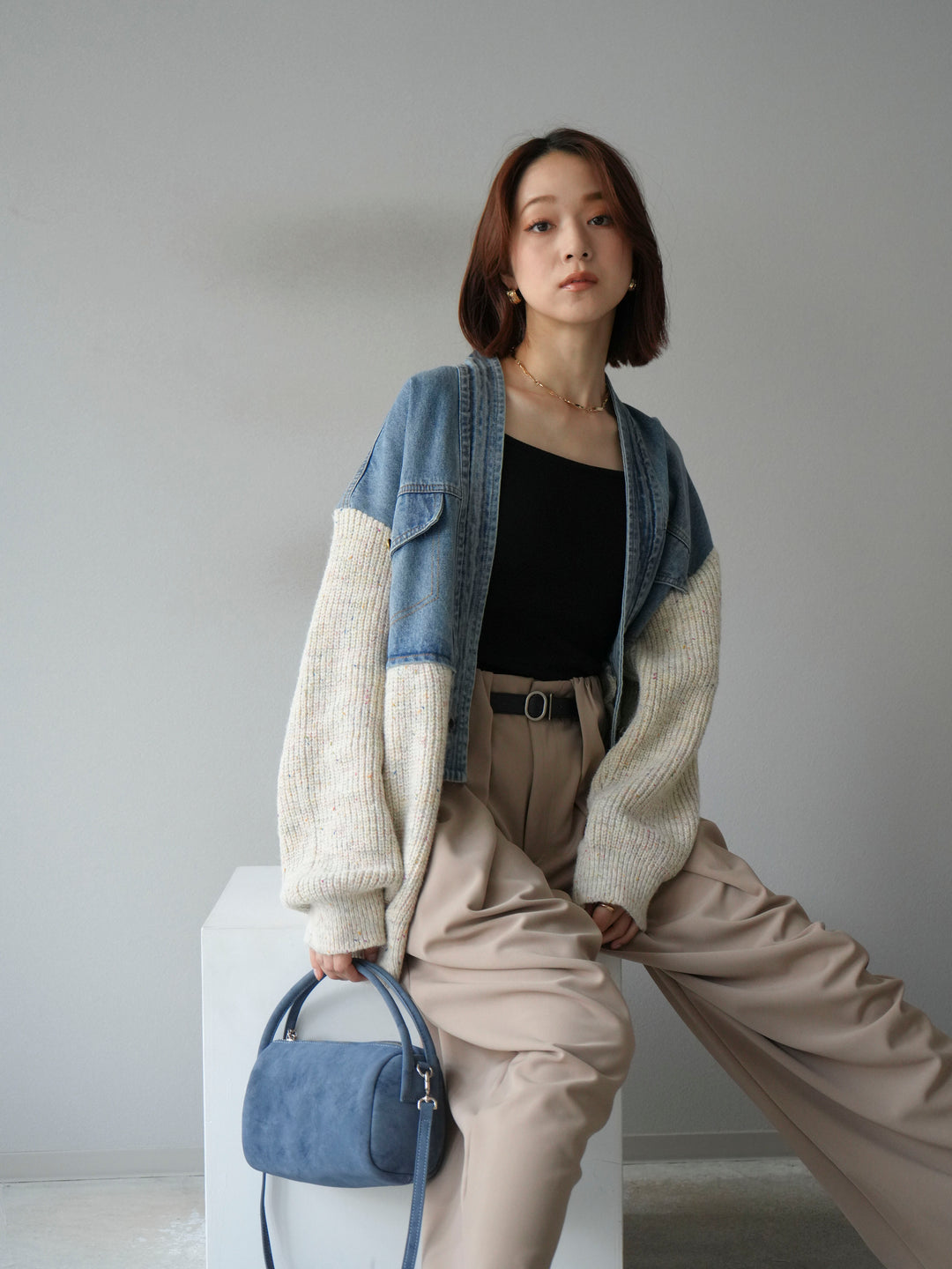 [予約]デニム切替ネップニットカーディガン/アイボリー