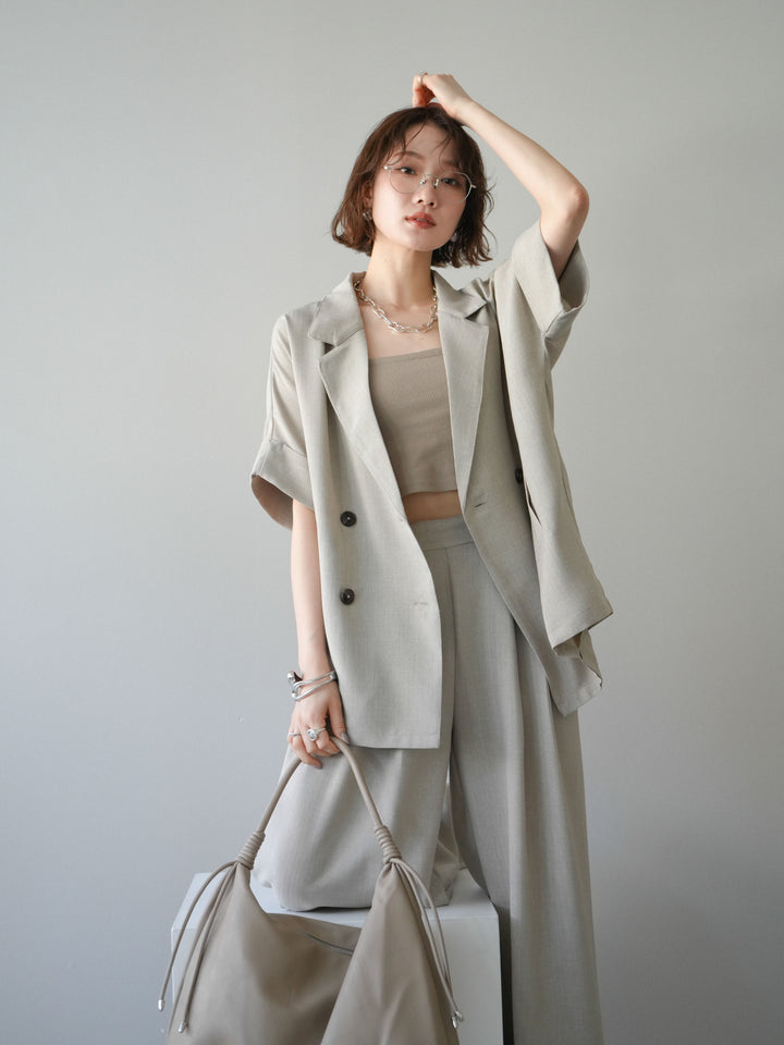 【套裝】亞麻質感半雙層外套+亞麻質感束口寬腿褲（兩件套）