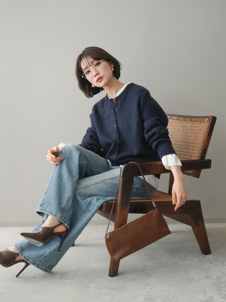 [SET]布帛ドッキングニットカーディガン+ガーメントウォッシュカーブデニムパンツ(2set)