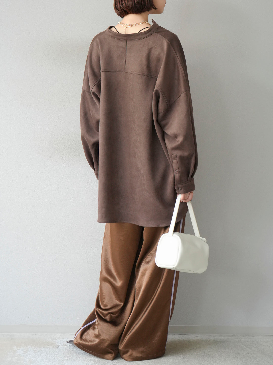 [予約]サテンラインワイドパンツ/ブラウン