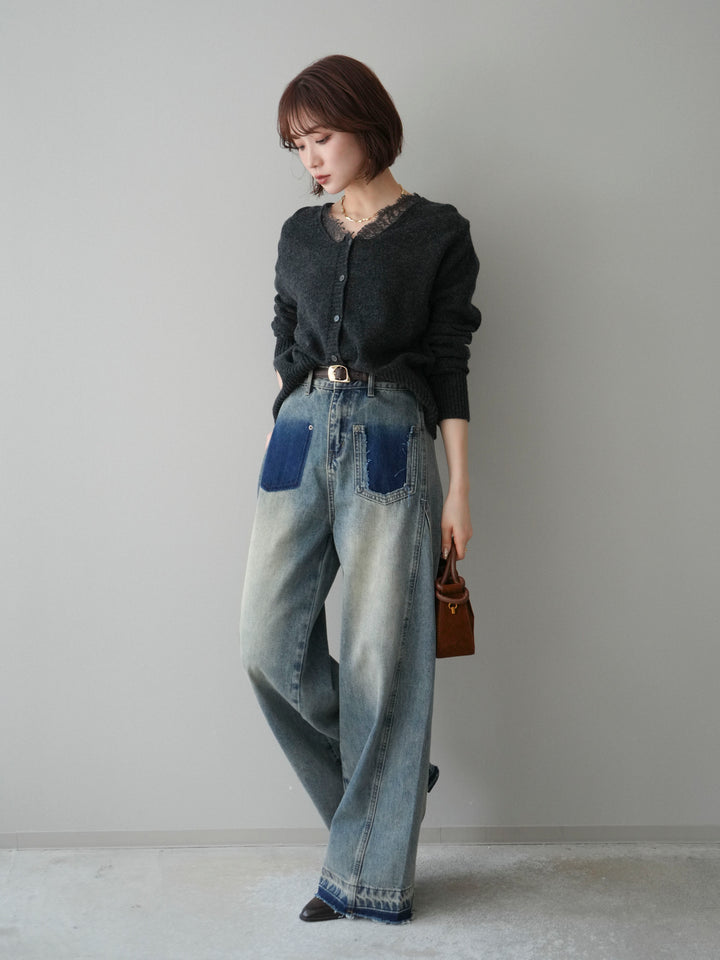 [SET]レースネックニットカーディガン+染めデザインポケットデニムパンツ(2set)