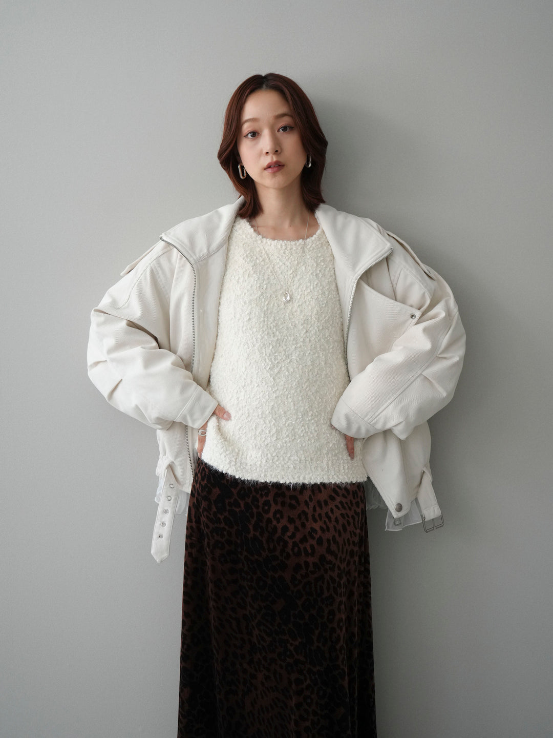 [SET]コーデュロイライダース裾レースブルゾン+モールラメミックスヤーンニットプルオーバー+レオパードベロアナロースカート(3set)