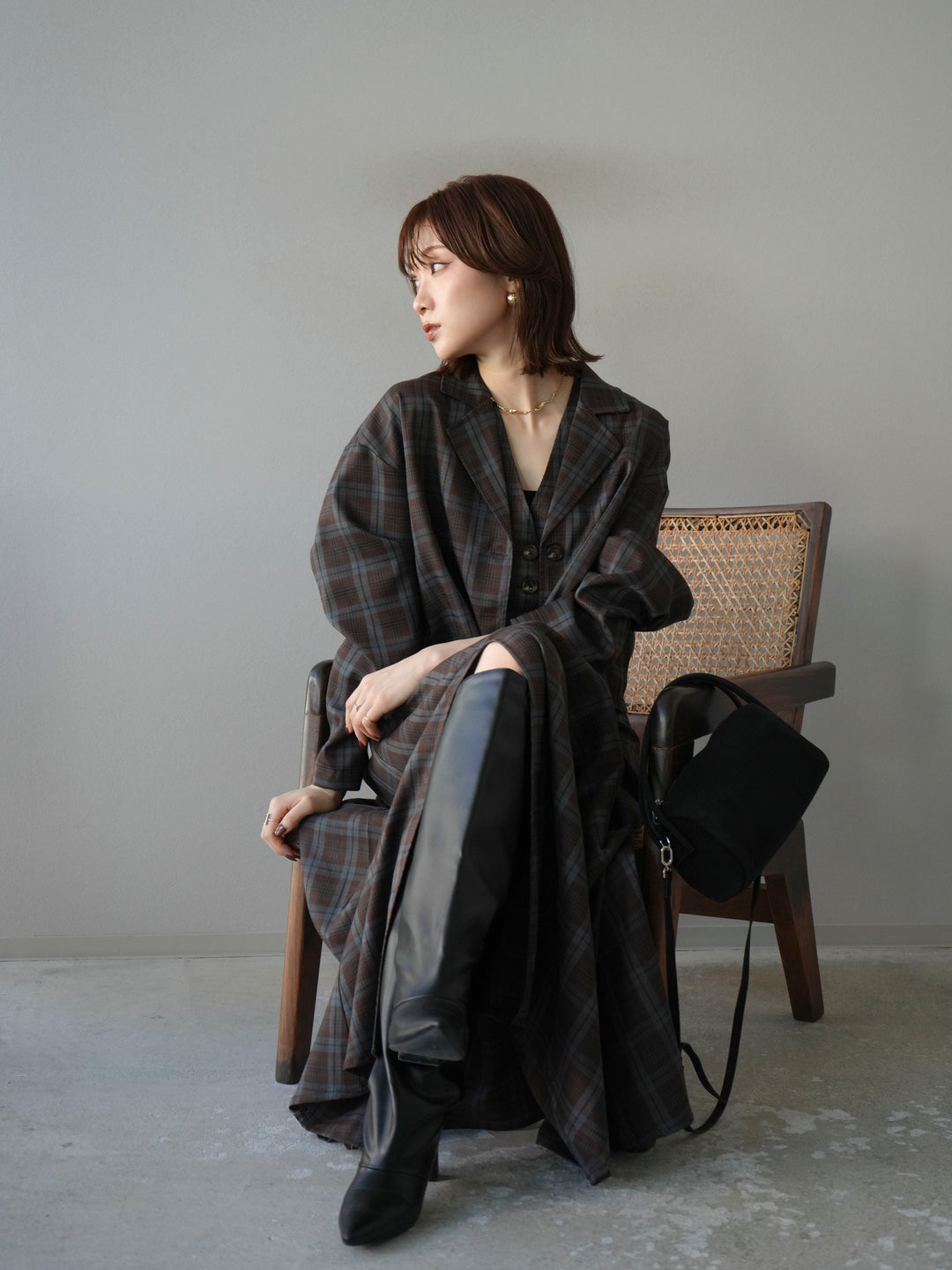 [SET]チェック柄ショートジャケット+チェック柄ベスト+チェック柄タックフレアスカート(3set)