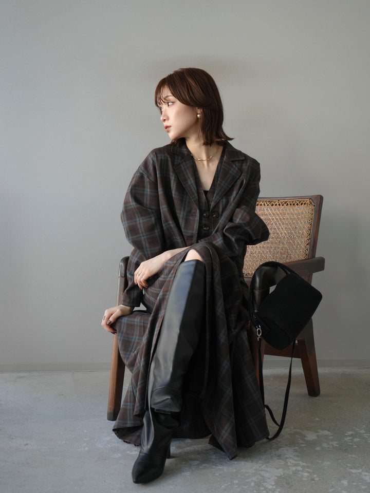 [SET]チェック柄ショートジャケット+チェック柄ベスト+チェック柄タックフレアスカート(3set)
