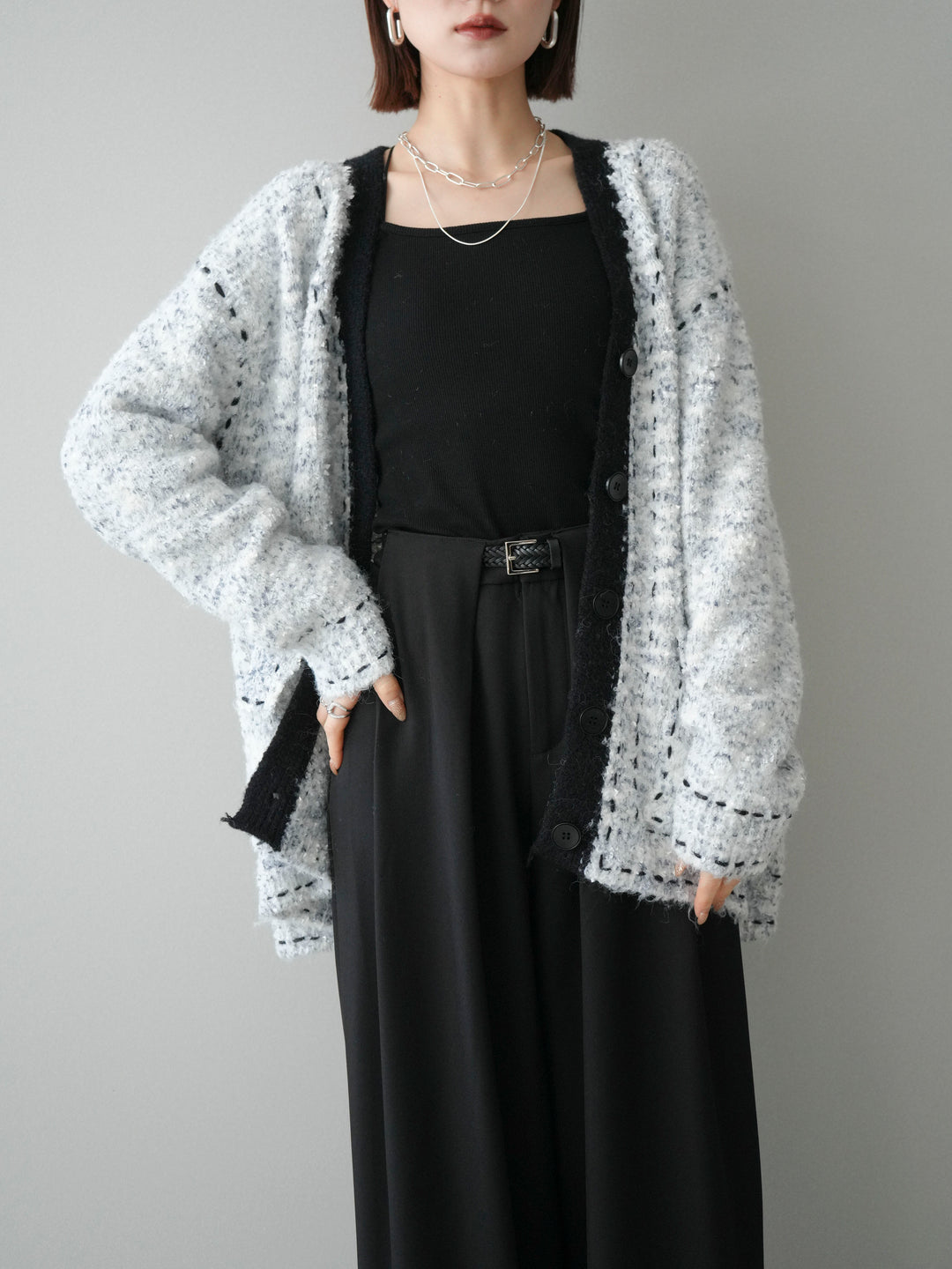 [予約]ブークレハンドステッチニットカーディガン/gray