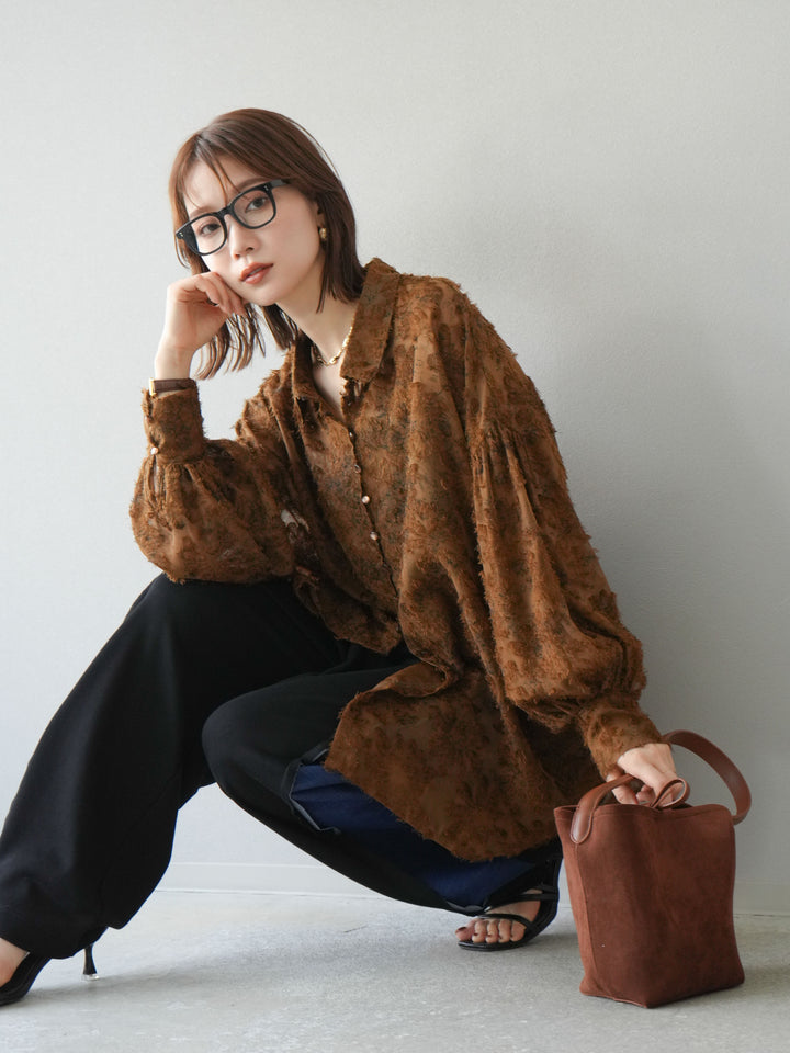 [予約]ニュアンスフリンジジャガードボリュームスリーブブラウス/ブラウン