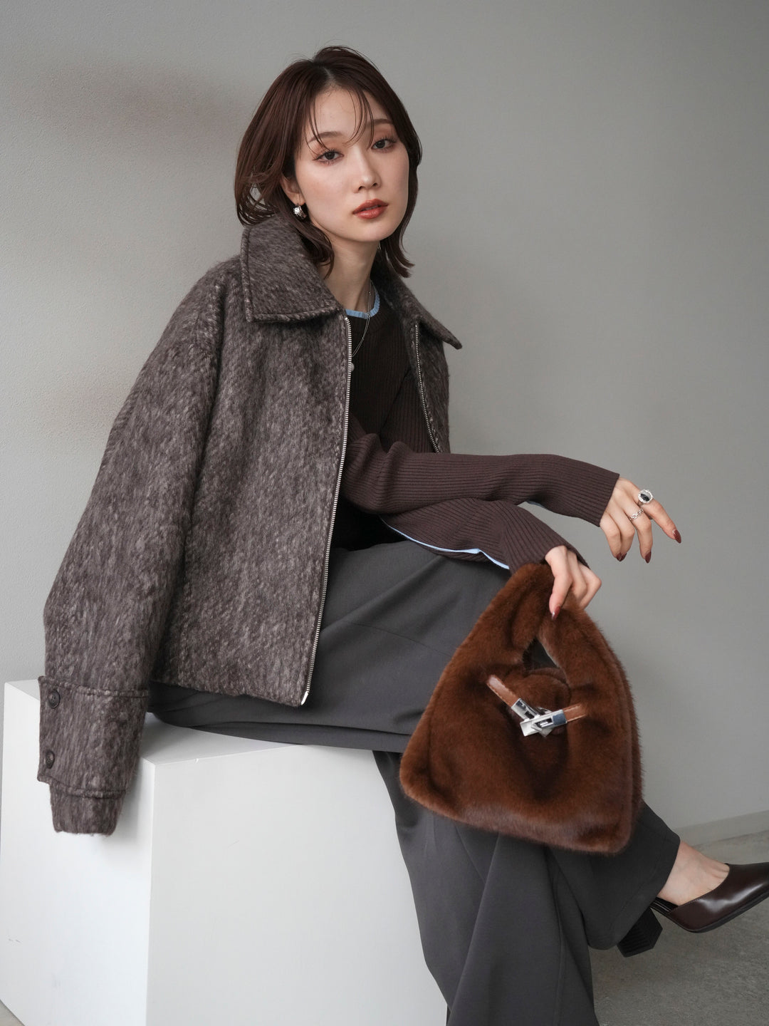 [予約]袖ビックループシャギージップブルゾン/brown