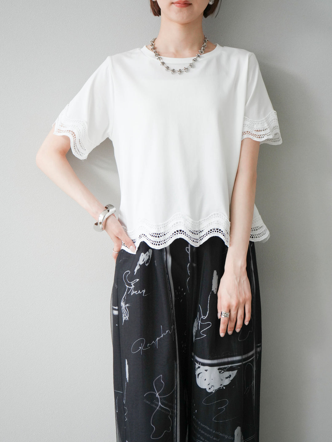 [予約]レース切替カットソー/オフ