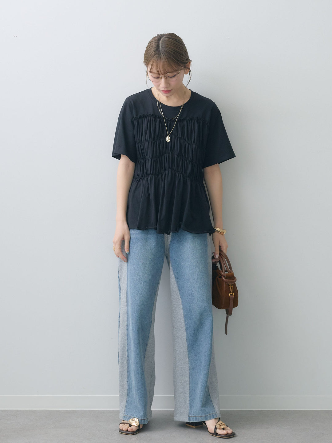 [SET]クールタッチシャーリングTEE+デニム切替スウェットパンツ(2set)
