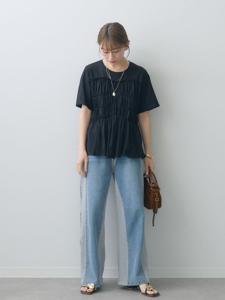 [SET]クールタッチシャーリングTEE+デニム切替スウェットパンツ(2set)