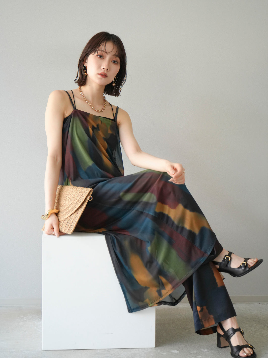 [SET]水彩アートシアーキャミワンピース+水彩アートイージーパンツ(2set)