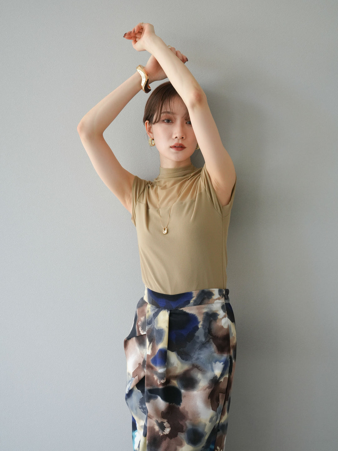 [予約]シアー切替ストレッチトップス/ベージュ