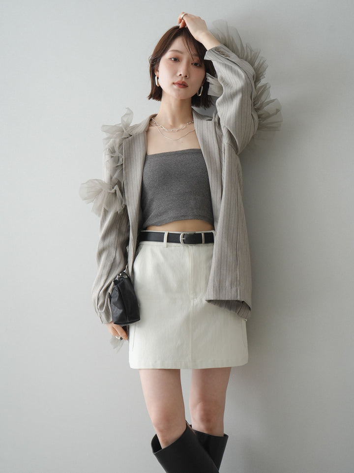 [予約]アシンメトリーチュールストライプジャケット/greige