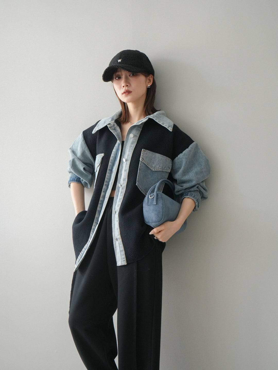 [予約]デニム襟ダブルフェイスニットカーディガン/black