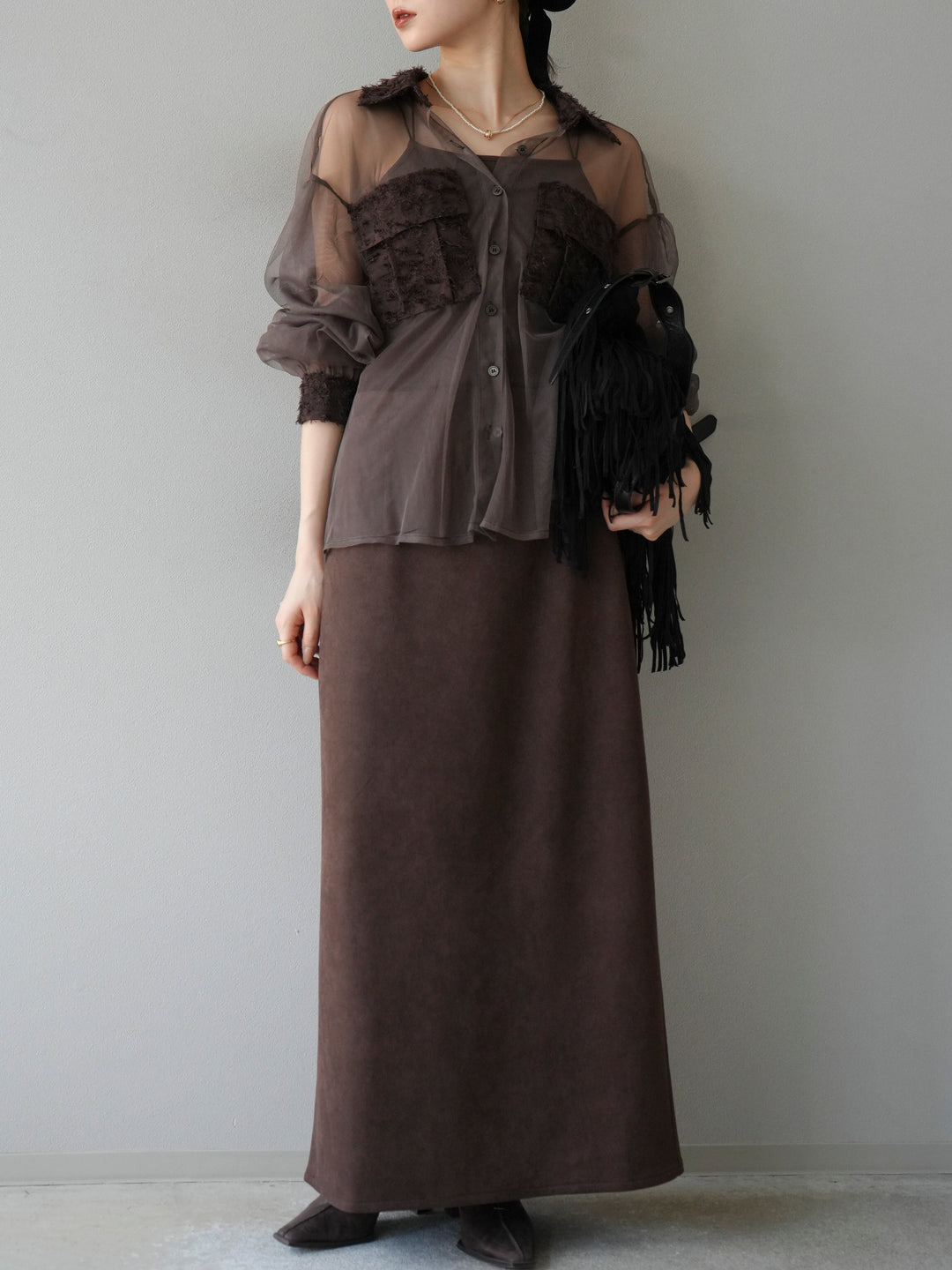 [予約]フリンジジャガード×チュールレイヤードシャツ/ブラウン