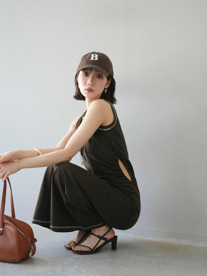 [予約]ウエストオープンステッチカットワンピース/ブラウン