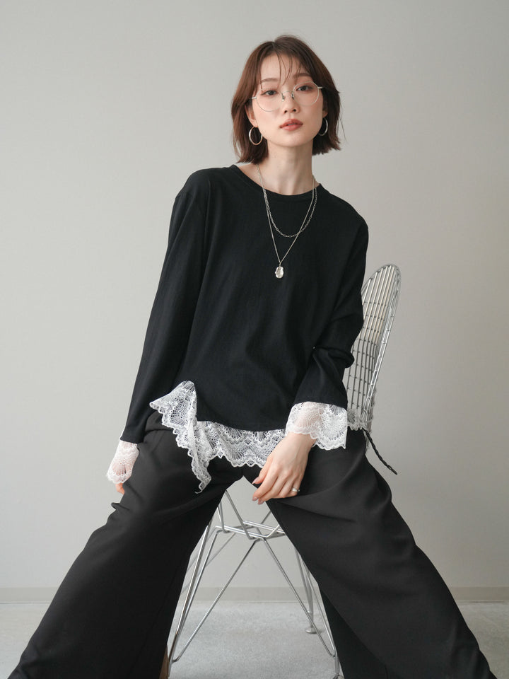 [予約]裾レースコンビカットソー/black