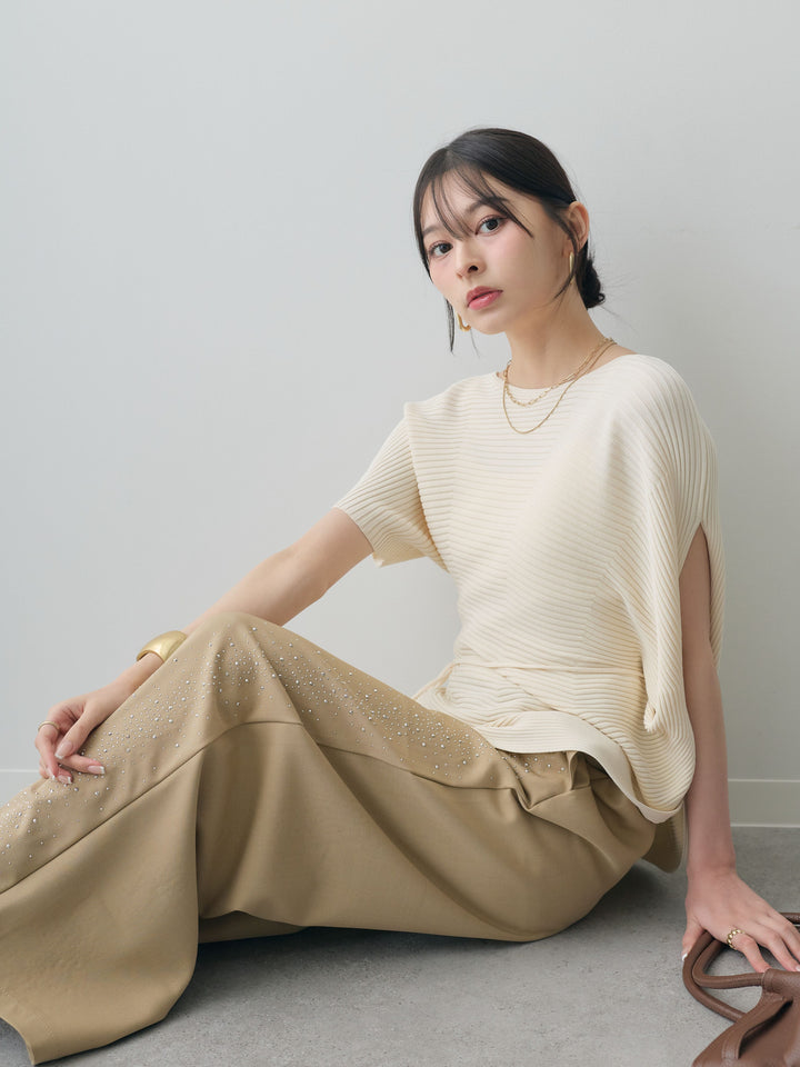 [SET]アシメデザインリブニットトップス+ポーチベルト付サイドビジュータックワイドパンツ(2set)