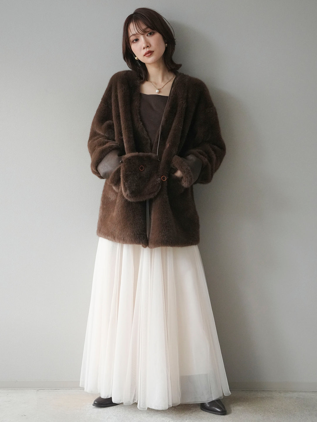 [SET]バッグ付エコファーノーカラーコート+チュールボリュームスカート(2set)