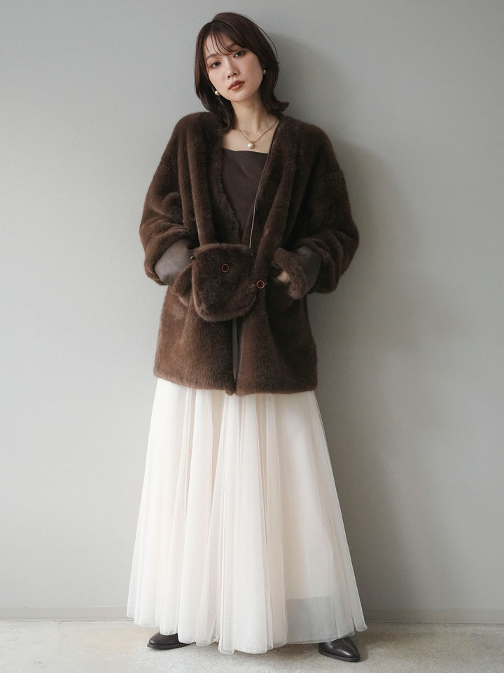 [SET]バッグ付エコファーノーカラーコート+チュールボリュームスカート(2set)