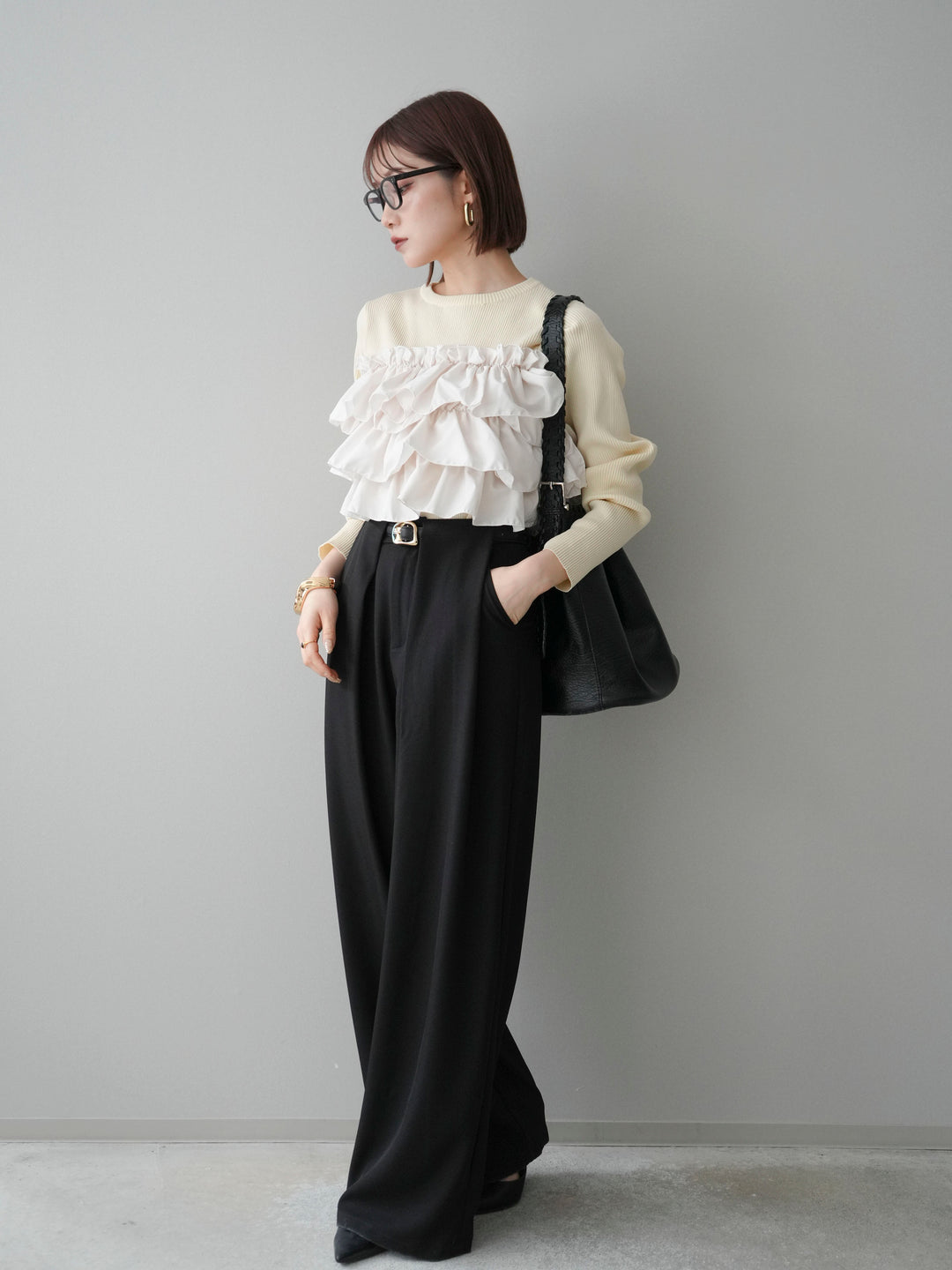[SET]フリルビスチェドッキングスポンジニットプルオーバー+ベルトループデザインワイドパンツ(2set)